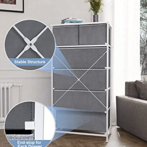 Crestlive Products Vertical Dresser Storage Tower - Sturdy Steel Frame, Wood Top, Easy Pull Fabric Bins, Wood Handles - Organizer Unit for Bedroom, Hallway, Entryway, Closets - 6 Drawers (Light Grey)