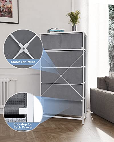 Crestlive Products Vertical Dresser Storage Tower - Sturdy Steel Frame, Wood Top, Easy Pull Fabric Bins, Wood Handles - Organizer Unit for Bedroom, Hallway, Entryway, Closets - 6 Drawers (Light Grey)