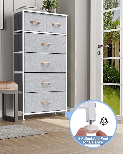 Crestlive Products Vertical Dresser Storage Tower - Sturdy Steel Frame, Wood Top, Easy Pull Fabric Bins, Wood Handles - Organizer Unit for Bedroom, Hallway, Entryway, Closets - 6 Drawers (Light Grey)