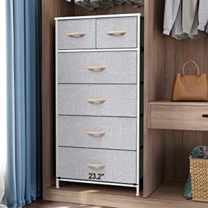 Crestlive Products Vertical Dresser Storage Tower - Sturdy Steel Frame, Wood Top, Easy Pull Fabric Bins, Wood Handles - Organizer Unit for Bedroom, Hallway, Entryway, Closets - 6 Drawers (Light Grey)