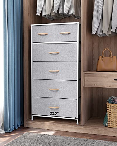 Crestlive Products Vertical Dresser Storage Tower - Sturdy Steel Frame, Wood Top, Easy Pull Fabric Bins, Wood Handles - Organizer Unit for Bedroom, Hallway, Entryway, Closets - 6 Drawers (Light Grey)