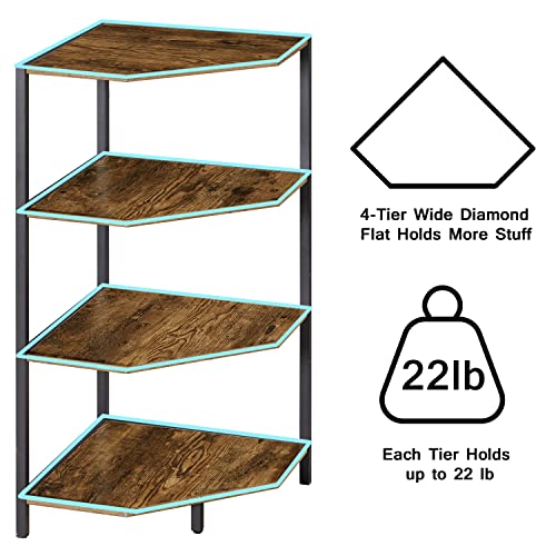 VECELO 31" Corner Shelf, 4-Tier Display Shelves, Wood Storage Stand with Metal Frame, Multipurpose Shelving Unit for Small Space, Home Office, Rustic Brown