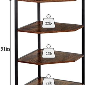 VECELO 31" Corner Shelf, 4-Tier Display Shelves, Wood Storage Stand with Metal Frame, Multipurpose Shelving Unit for Small Space, Home Office, Rustic Brown