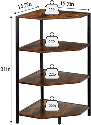 VECELO 31" Corner Shelf, 4-Tier Display Shelves, Wood Storage Stand with Metal Frame, Multipurpose Shelving Unit for Small Space, Home Office, Rustic Brown