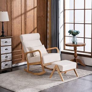 VINGLI Rocking Chair Nursery, 25.2" High Backrest Mid-Century Rocking Chair with Wooden Armrest Upholstered Glider Rocker with Free Lumbar Pillow for Living Room (Beige)