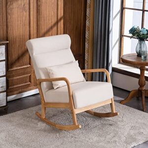 vingli rocking chair nursery, 25.2" high backrest mid-century rocking chair with wooden armrest upholstered glider rocker with free lumbar pillow for living room (beige)