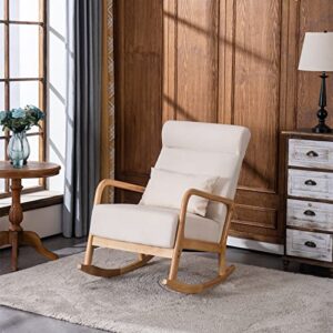 VINGLI Rocking Chair Nursery, 25.2" High Backrest Mid-Century Rocking Chair with Wooden Armrest Upholstered Glider Rocker with Free Lumbar Pillow for Living Room (Beige)