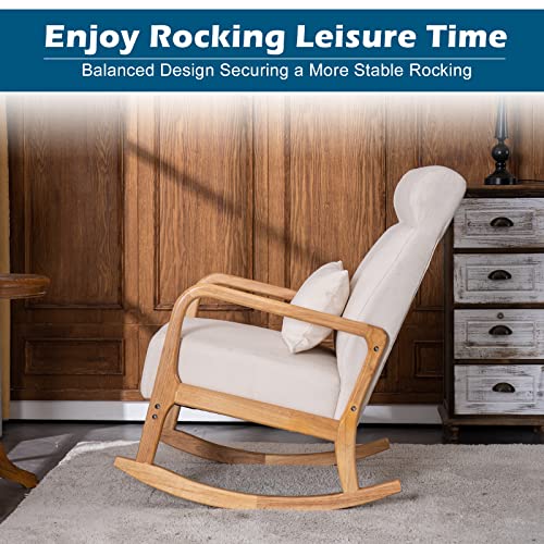 VINGLI Rocking Chair Nursery, 25.2" High Backrest Mid-Century Rocking Chair with Wooden Armrest Upholstered Glider Rocker with Free Lumbar Pillow for Living Room (Beige)