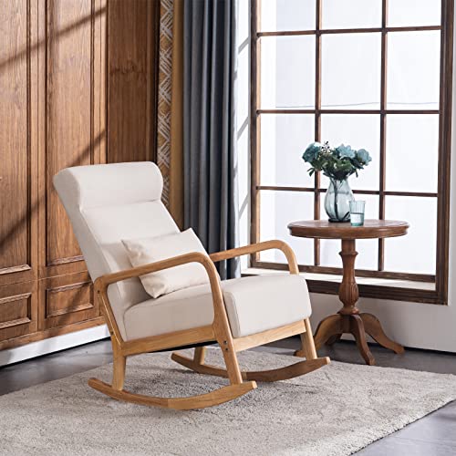 VINGLI Rocking Chair Nursery, 25.2" High Backrest Mid-Century Rocking Chair with Wooden Armrest Upholstered Glider Rocker with Free Lumbar Pillow for Living Room (Beige)