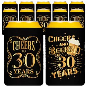 fankutoys 30th birthday can cooler sleeves, neoprene beverage bottle can sleeves - 30th party anniversary decorations and 30th birthday gift for men & women, black & gold (12 pcs)