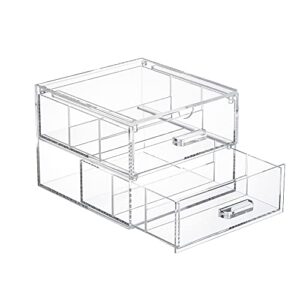 tidyendure clear acrylic 2-drawer compact storage organization drawers set sunglasses supplies, used in bathroom, dorm, desk, countertop, office 7.24”x7.56”x5.6” (transparent)