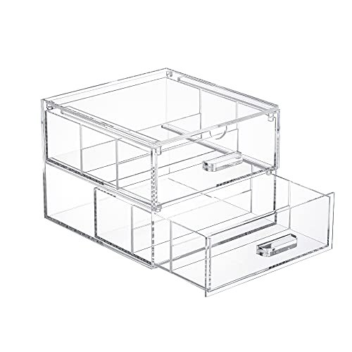 TIDYENDURE Clear Acrylic 2-Drawer Compact Storage Organization Drawers Set Sunglasses Supplies, Used in Bathroom, Dorm, Desk, Countertop, Office 7.24”x7.56”x5.6” (Transparent)