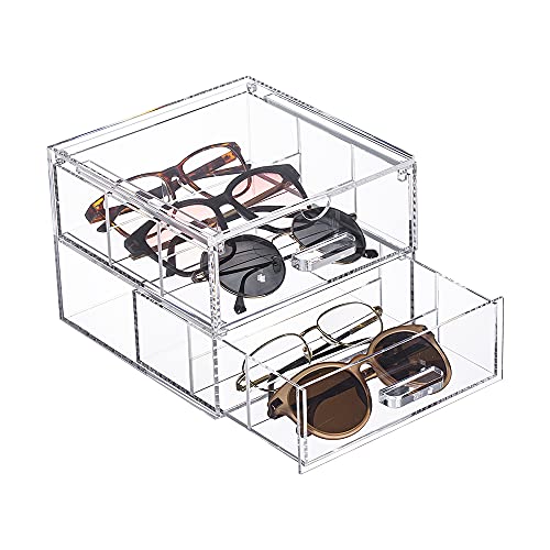 TIDYENDURE Clear Acrylic 2-Drawer Compact Storage Organization Drawers Set Sunglasses Supplies, Used in Bathroom, Dorm, Desk, Countertop, Office 7.24”x7.56”x5.6” (Transparent)