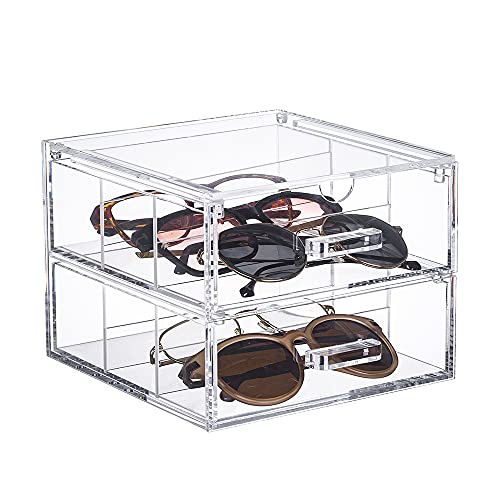 TIDYENDURE Clear Acrylic 2-Drawer Compact Storage Organization Drawers Set Sunglasses Supplies, Used in Bathroom, Dorm, Desk, Countertop, Office 7.24”x7.56”x5.6” (Transparent)