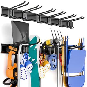 incly garage organization storage wall mount, garden tool organizer systems, 48 inch heavy duty tool storage rack for garage wall with 6 adjustable hooks and 3 rails