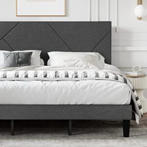sha cerlin king size upholstered bed frame with geometric headboard, heavy-duty platform bed frame with wood slats support, mattress foundation, no box spring needed, easy assembly, dark grey