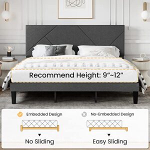 SHA CERLIN King Size Upholstered Bed Frame with Geometric Headboard, Heavy-Duty Platform Bed Frame with Wood Slats Support, Mattress Foundation, No Box Spring Needed, Easy Assembly, Dark Grey