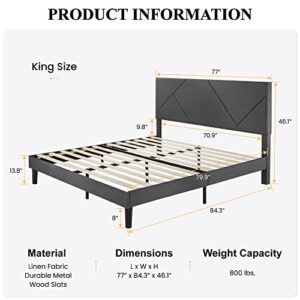 SHA CERLIN King Size Upholstered Bed Frame with Geometric Headboard, Heavy-Duty Platform Bed Frame with Wood Slats Support, Mattress Foundation, No Box Spring Needed, Easy Assembly, Dark Grey