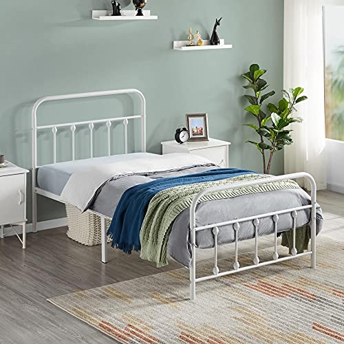 Yaheetech Classic Victorian Style Metal Platform Bed Frame Mattress Foundation Iron-Art Bed with Vintage Headboard and Footboard Under Bed Storage No Box Spring Needed White Twin