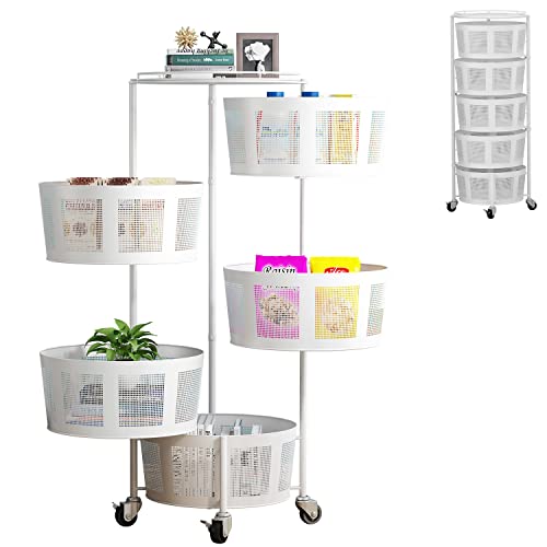 IKESOMUE Rack-Rotating Vegetable Rack Floor-Standing Rotating Basket Storage Shelf Stand Round Multi-Layer Kitchen Trolley 5 Tier Organizer with Wheels for Bathroom Living Room Bedroom (White) H1001