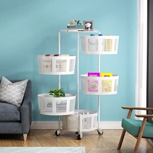 IKESOMUE Rack-Rotating Vegetable Rack Floor-Standing Rotating Basket Storage Shelf Stand Round Multi-Layer Kitchen Trolley 5 Tier Organizer with Wheels for Bathroom Living Room Bedroom (White) H1001