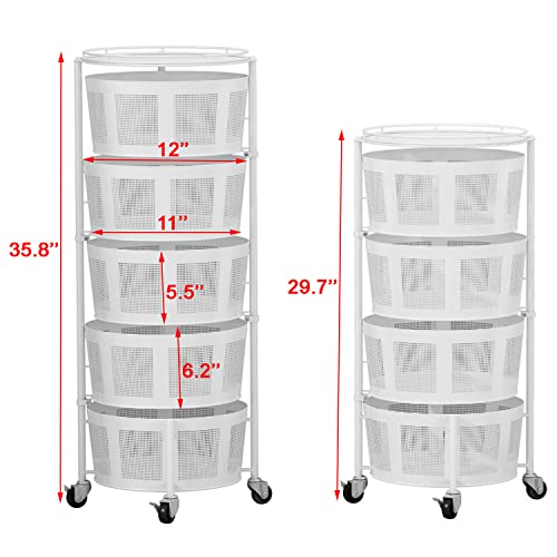 IKESOMUE Rack-Rotating Vegetable Rack Floor-Standing Rotating Basket Storage Shelf Stand Round Multi-Layer Kitchen Trolley 5 Tier Organizer with Wheels for Bathroom Living Room Bedroom (White) H1001