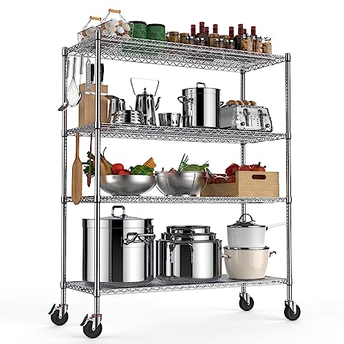 Leteuke Wire Shelving Unit with Wheels, NSF Certified 4 Tier Adjustable Storage Shelves 60"×24"×72", 2400LBS Heavy Duty Shelving Commercial Grade Metal Storage Utility Rack for Kitchen Garage, Chrome