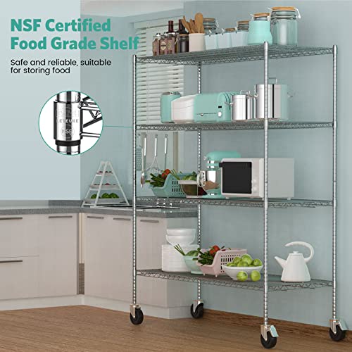 Leteuke Wire Shelving Unit with Wheels, NSF Certified 4 Tier Adjustable Storage Shelves 60"×24"×72", 2400LBS Heavy Duty Shelving Commercial Grade Metal Storage Utility Rack for Kitchen Garage, Chrome