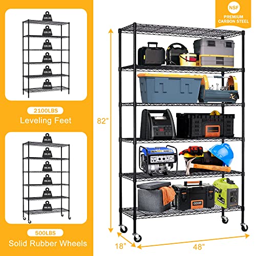 CL.Store 6-Tier Kitchen Storage Wire Shelf Steel Shelving Rack Commercial-Grade Garage Rolling Organizer with Wheels,2100 LBS(350 lbs Capacity per Shelf),Black, WS-776-Black