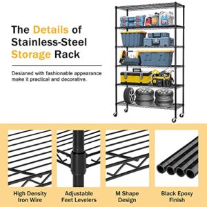 CL.Store 6-Tier Kitchen Storage Wire Shelf Steel Shelving Rack Commercial-Grade Garage Rolling Organizer with Wheels,2100 LBS(350 lbs Capacity per Shelf),Black, WS-776-Black