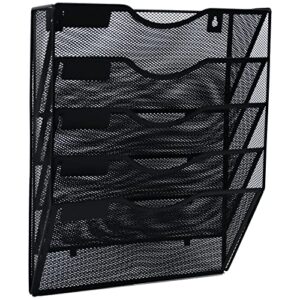 GDINDINFAN 5 Pockets Mesh Hanging Wall File Holder Organizer Wall Mounted Paper Magazine Rack, Black