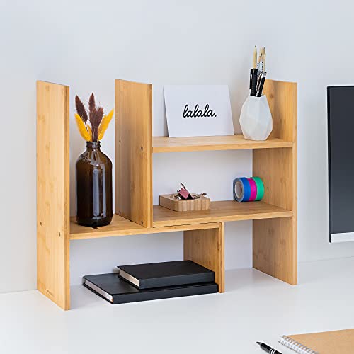 Navaris Desk Organizer Shelf Unit - Bamboo Desktop Shelves for Table or Countertop - Free-Standing Adjustable Shelving Rack for Tidy Kitchen or Office