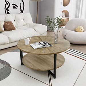 LEEMTORIG Round Coffee Table Living Room, Circle Round Coffee Table with Storage, Farmhouse Solid Wood Coffee Table, Yellowish Brown Wood Tabletop & Black Metal Frame, KFZ-1338