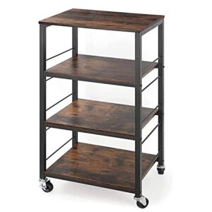 Metal Utility Rolling Carts Kitchen Microwave Storage Racks on Wheels Standing Shelf Unit for Home Office Bedroom Drom Apartment(Wood Tray)