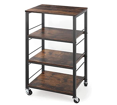 Metal Utility Rolling Carts Kitchen Microwave Storage Racks on Wheels Standing Shelf Unit for Home Office Bedroom Drom Apartment(Wood Tray)