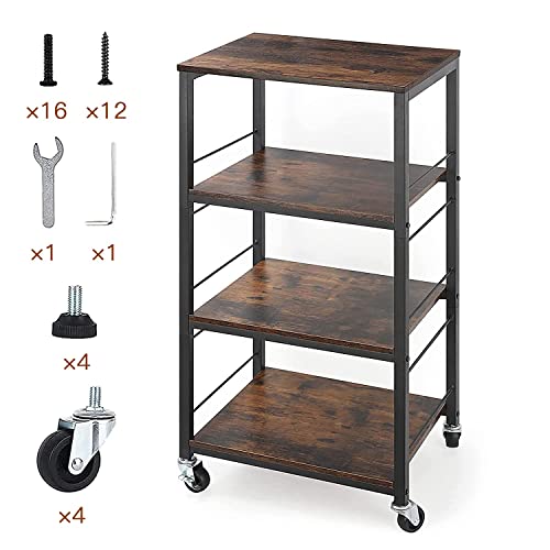 Metal Utility Rolling Carts Kitchen Microwave Storage Racks on Wheels Standing Shelf Unit for Home Office Bedroom Drom Apartment(Wood Tray)