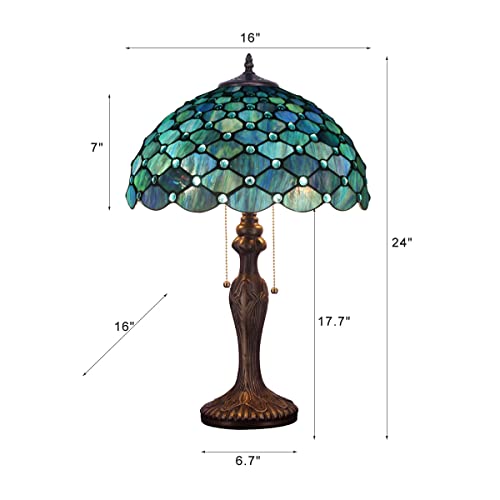 ZJART Tiffany Lamp Blue Stained Glass Peal Bead Style Reading Table Lamp W16H24 Inch Bedside Nightstand Desk Work Study Desktop Light Decor Home Kids Bedroom Living Room Office Pull Chain Switch