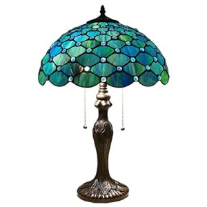 zjart tiffany lamp blue stained glass peal bead style reading table lamp w16h24 inch bedside nightstand desk work study desktop light decor home kids bedroom living room office pull chain switch