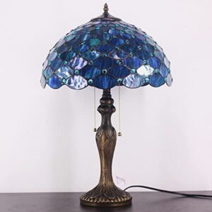 ZJART Tiffany Lamp Blue Stained Glass Peal Bead Style Reading Table Lamp W16H24 Inch Bedside Nightstand Desk Work Study Desktop Light Decor Home Kids Bedroom Living Room Office Pull Chain Switch