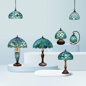 ZJART Tiffany Lamp Blue Stained Glass Peal Bead Style Reading Table Lamp W16H24 Inch Bedside Nightstand Desk Work Study Desktop Light Decor Home Kids Bedroom Living Room Office Pull Chain Switch