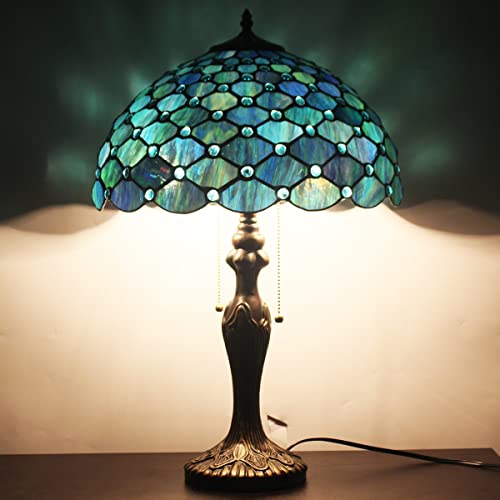 ZJART Tiffany Lamp Blue Stained Glass Peal Bead Style Reading Table Lamp W16H24 Inch Bedside Nightstand Desk Work Study Desktop Light Decor Home Kids Bedroom Living Room Office Pull Chain Switch