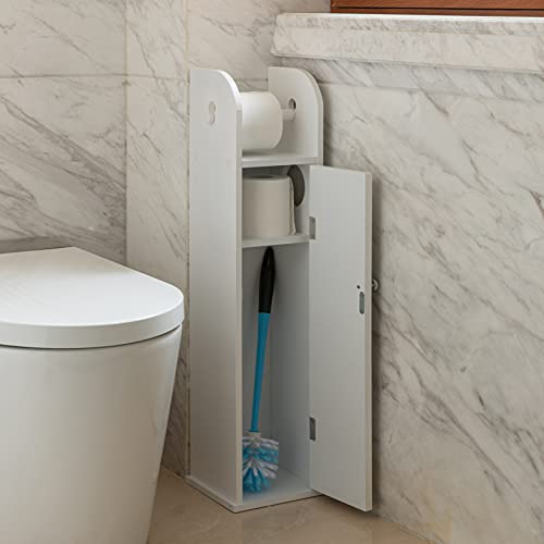 Small Bathroom Toilet Paper Roll Holder with Storage Cabinet and Extra Slot for Tissue Roll, White