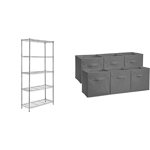 Amazon Basics 5-Shelf Adjustable, Heavy Duty Storage Shelving Unit, Steel Organizer Wire Rack, Chrome (36L x 14W x 72H) & Collapsible Fabric Storage Cubes Organizer with Handles, Gray - Pack of 6