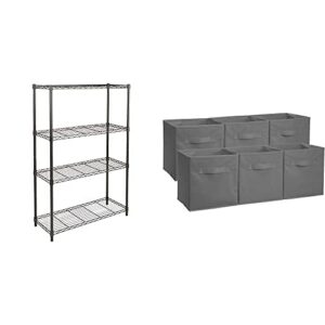 amazon basics 4-shelf adjustable, heavy duty storage shelving unit, steel organizer wire rack, black (36l x 14w x 54h) & collapsible fabric storage cubes organizer with handles, gray - pack of 6