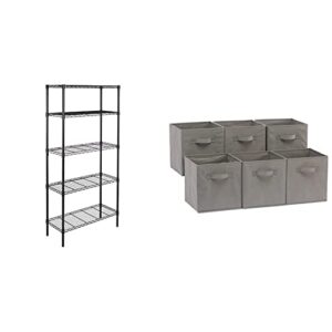 amazon basics 5-shelf adjustable, heavy duty storage shelving unit, steel organizer wire rack, black (36l x 14w x 72h) & collapsible fabric storage cubes organizer with handles, gray - pack of 6