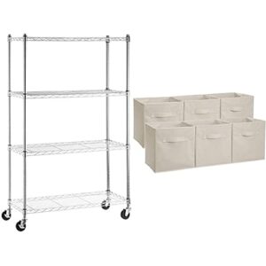 amazon basics 4-shelf heavy duty shelving storage unit on 3'' wheel casters, metal organizer wire rack - chrome silver & collapsible fabric storage cubes organizer with handles, beige - pack of 6