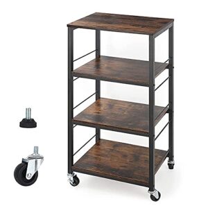 ikesomue industrial microwave oven stand baker's storage racks shelving printer rolling utility cart wood standing shelf units wheels kitchen bathroom bedroom living room office (4 tier) (b2201-list)