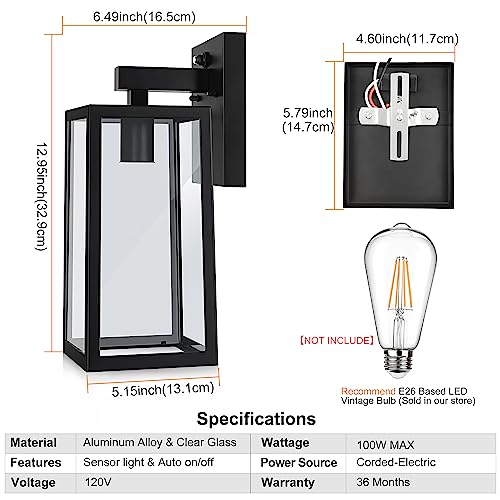 SHINE HAI Dusk to Dawn Outdoor Wall Lantern, Exterior Wall Sconce Sensor Light Fixture with E26 Base Socket, Waterproof Wall Mount Lights, Wall Lamp with Glass Shade for Porch, Garage, Doorway, 2 Pack