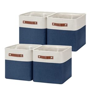 hnzige fabric cube storage bins basket for shelves set of 4, fabric storage cubes baskets closet storage bins for cube with handles, cubby storage bins for organizing home office (white blue)