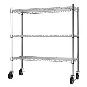 auslar 3-shelf storage shelves with casters heavy duty 3-tier rolling cart utility racks adjustable wire metal storage shelving, chrome